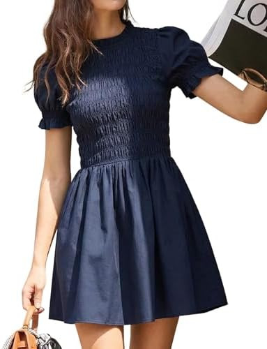 RIHOAS Plaid Gingham Mini Dress Short Sleeve Smocked Dresses for Women | Amazon (US)