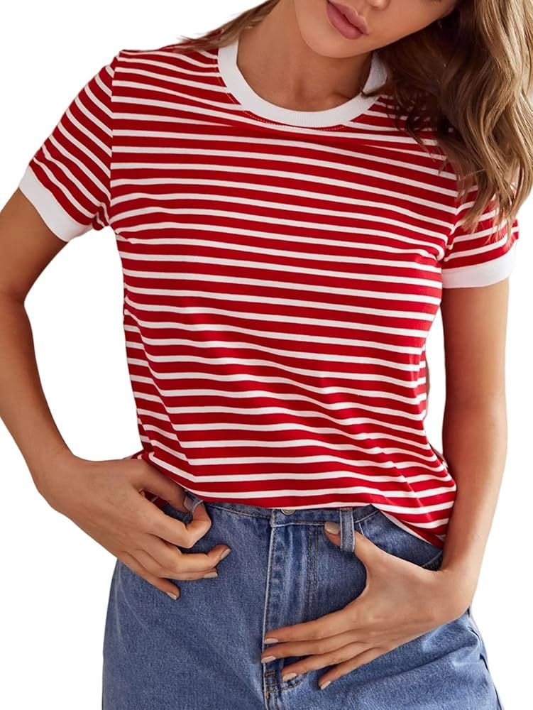 Floerns Women's Casual Striped Print Crew Neck Short Sleeve T Shirts Tee Tops Red and White S at ... | Amazon (US)