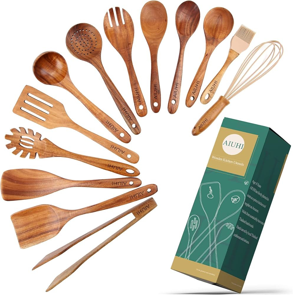 13 pcs Wooden Utensils Teak Wood Kitchen Wooden Spoons for Cooking ,Spatula Set with Wooden Spoon... | Amazon (US)