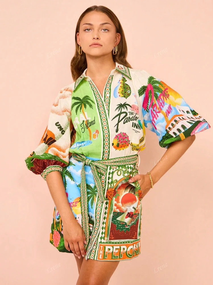 Women Casual Fashion Letter & Palm Tree Print Single-Breasted Elegant Versatile Shirt Dress | SHEIN