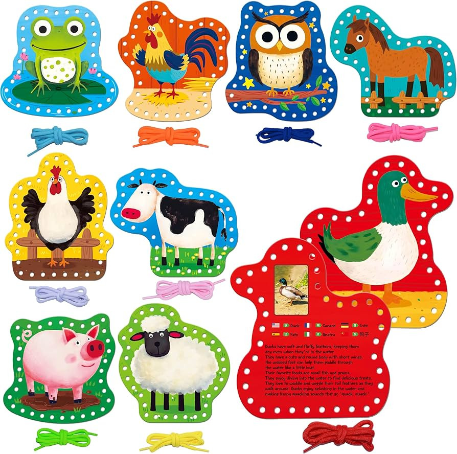 SpriteGru 9 PCS Kids Lacing Cards, 9 Double Sided Farm Animals Sewing Cards with 9 Colorful Laces... | Amazon (US)