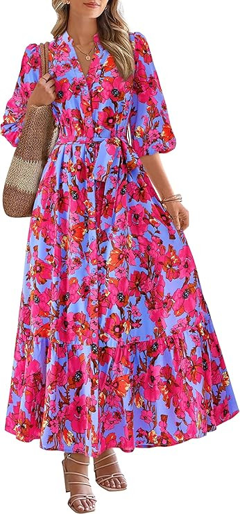 MASCOMODA Womens Floral Maxi Dresses Boho Summer Casual V Neck 3/4 Puff Sleeve Button Down Tie Wa... | Amazon (US)