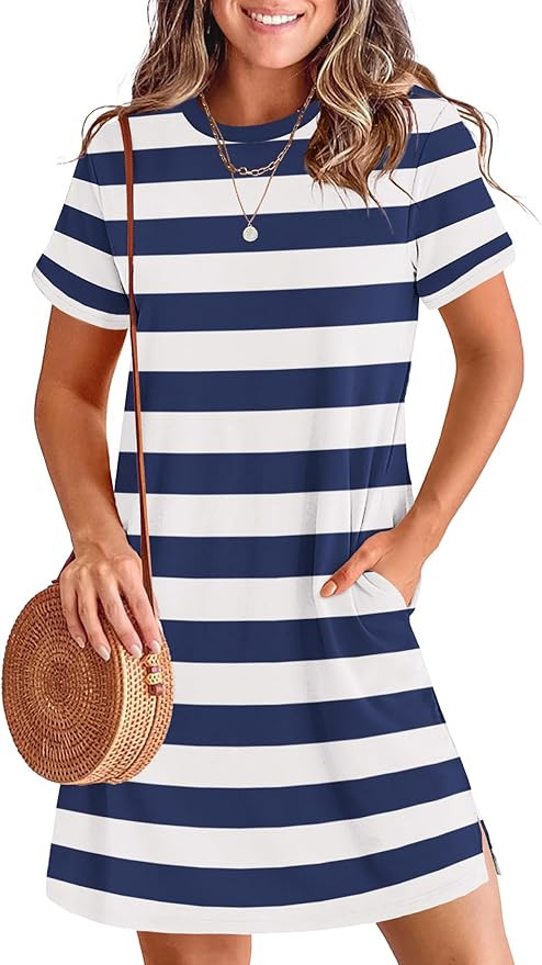 ANRABESS Women's Summer Casual T Shirt Dresses Short Sleeve Crewneck Striped Mini Shift Dress 202... | Amazon (US)