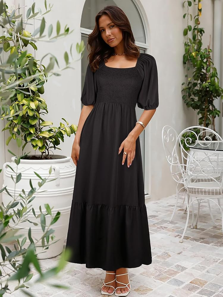 Summer Boho Smocked Maxi Dresses for Women 2025 Casual Half Sleeve Square Neck A Line Tiered Ruff... | Amazon (US)