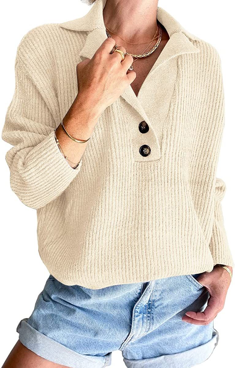 LILLUSORY V Neck Sweaters for Women 2022 Fall Snap-Buttons Pullover Knitted Sweater Foldover Coll... | Amazon (US)