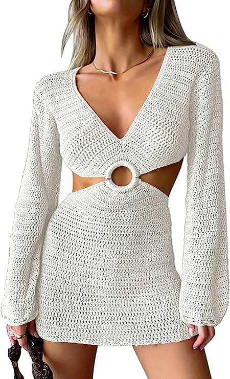 LILLUSORY Swim Cover Up for Women 2023 Summer Swimsuit Coverup Sexy Beach Crochet Dress | Amazon (US)