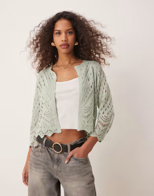 JDY 3/4 sleeve cropped eyelet cardigan in light sage | ASOS (Global)