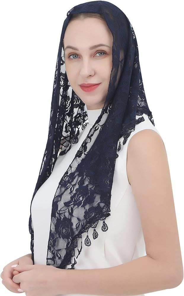 Lace veil Mantilla veil Shawl or Scarf Latin Mass Head Cover with Fringed lace | Amazon (US)