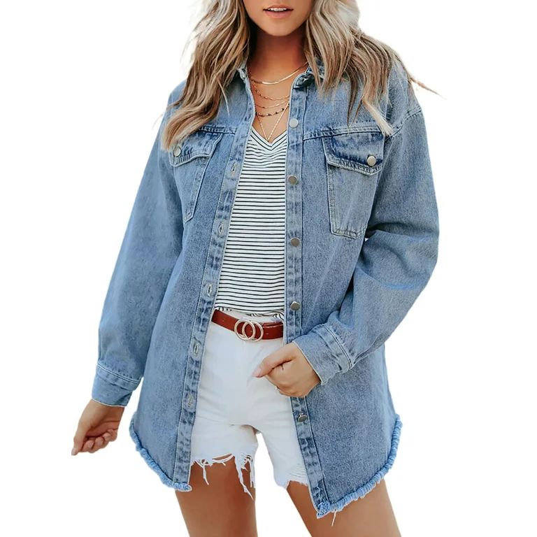 Eytino Denim Jacket for Women Long Sleeve Boyfriend Jean Jacket Loose Coat - Walmart.com | Walmart (US)