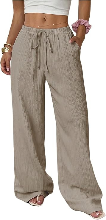 RoseSeek Women's Drawstring Waist Wide Leg Pants Low Rise Beach Holiday Loose Trousers with Pocke... | Amazon (US)