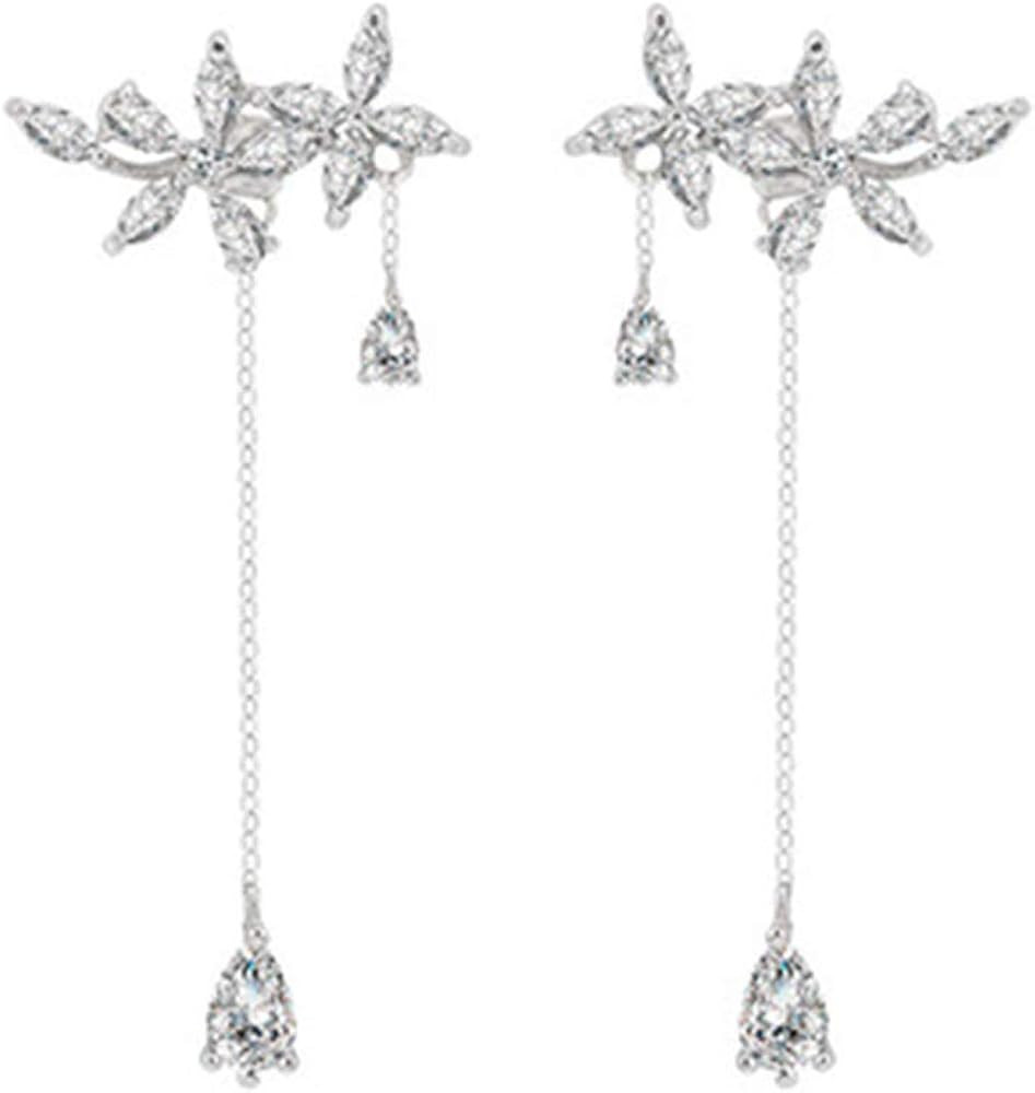 SLUYNZ 925 Sterling Silver CZ Flowers Wrap Dangle Chain Earrings - Elegant Bridal Wedding Engagem... | Amazon (US)