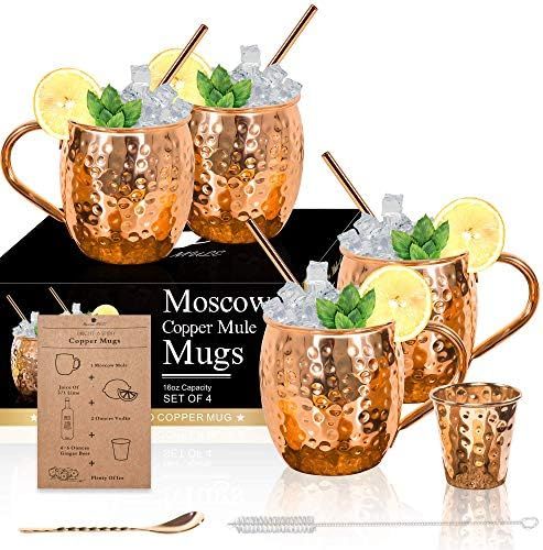 Moscow Mule Copper Mugs - Set of 4-100% HANDCRAFTED Solid Copper Mugs, Gift set with 4 Copper Straws | Amazon (US)