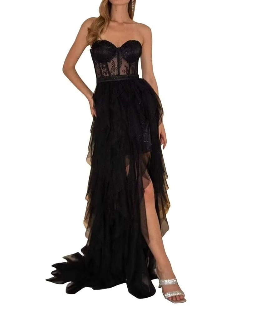 Tulle Prom Dresses for Women Long Sweetheart A Line Strapless Slit Formal Evening Party Gowns | Amazon (US)