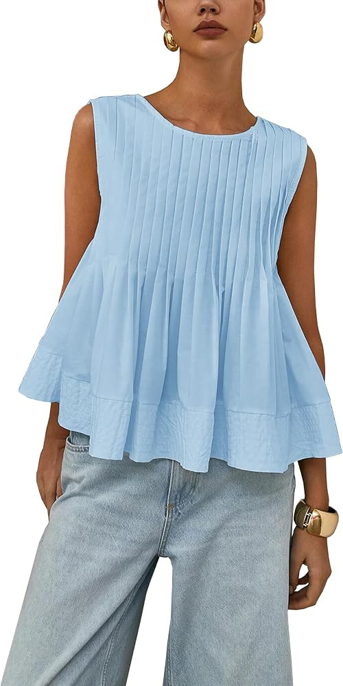 Womens Summer Pleated Peplum Sleeveless Blouse Tank Tops Round Neck Y2K Babydoll Blouse Shirt | Amazon (US)