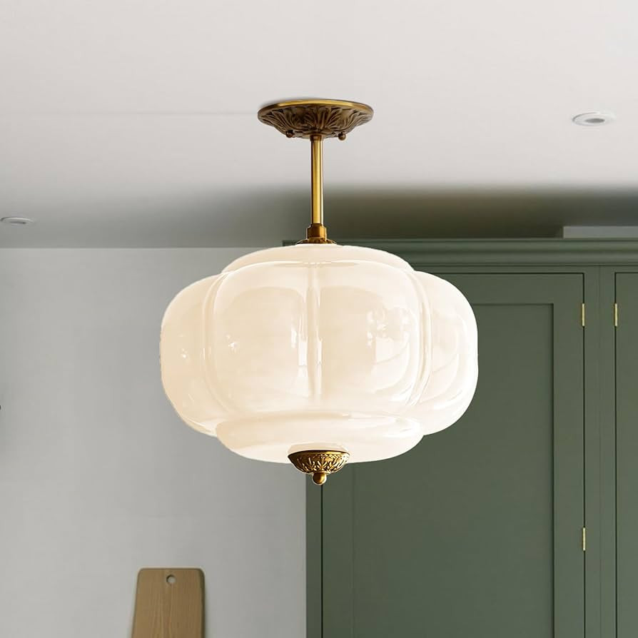 Milk Glass Ceiling Light Fixture - Antique Brass Semi Flush Mount Pendant Light for Kitchen, Hall... | Amazon (US)