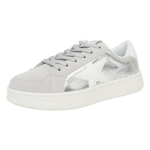 Niluber Star Sneakers for Women Low Top Comfortable Cushioned White Gold Sliver Leopard Platform Sneakers Lace Up Red Glitter Platform Party Shoes(Silver,10) | Amazon (US)