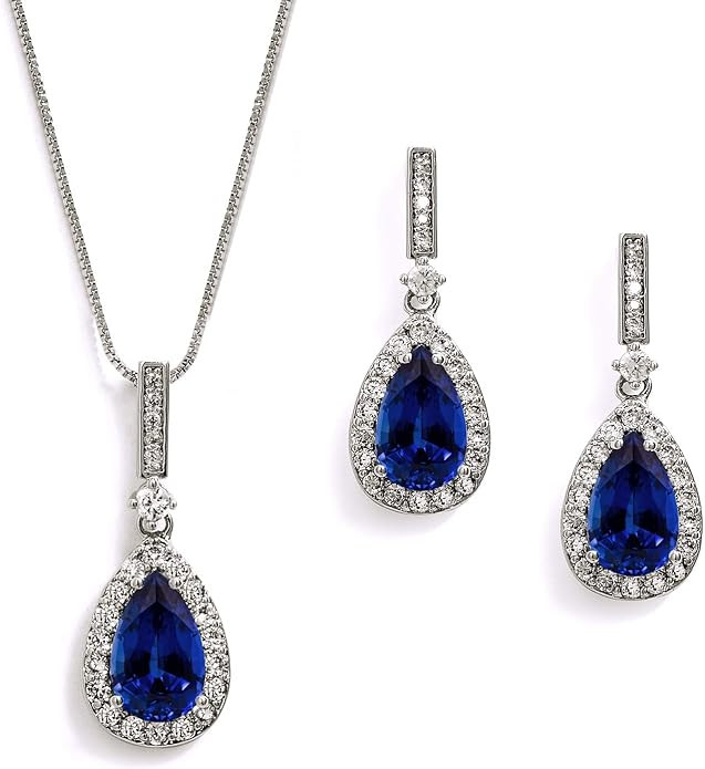 Mariell Bridal Wedding Necklace and Earring Set, Sapphire Blue CZ Pendant and Drop Earrings for B... | Amazon (US)