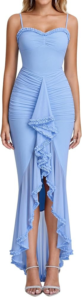 KUTUMAI Elegant Ruffle Long Formal Wedding Guest Dress Ruched Bodycon Slit Maxi Cocktail Dresses ... | Amazon (US)