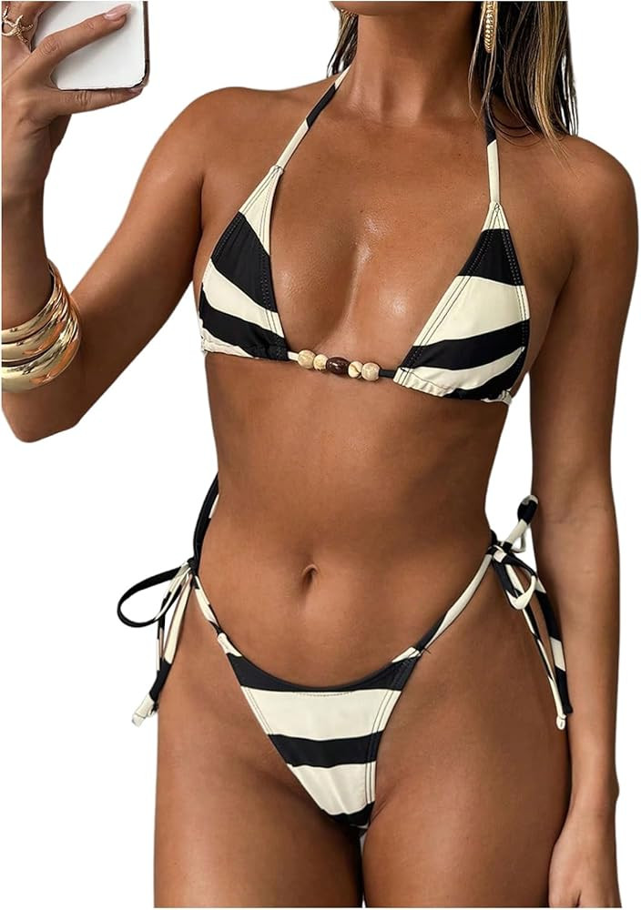 MakeMeChic Women's Halter Triangle Thong Bikini Sets High Cut Swimsuit Bathing Suit Swimwear | Amazon (US)