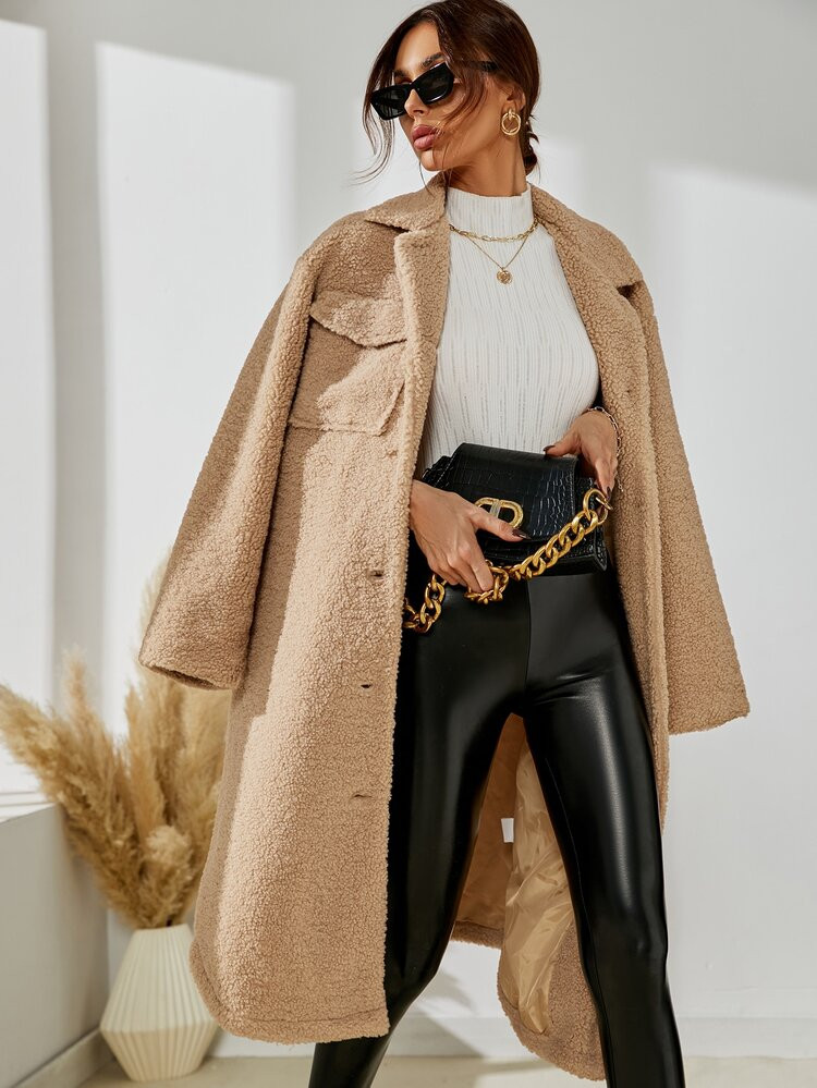 Drop Shoulder Flap Pocket Teddy Coat | SHEIN