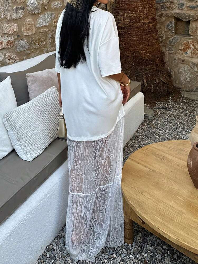 Women's Round Neck Contrast Lace Dress, Sexy Casual Knitted Fabric Dress, Summer | SHEIN