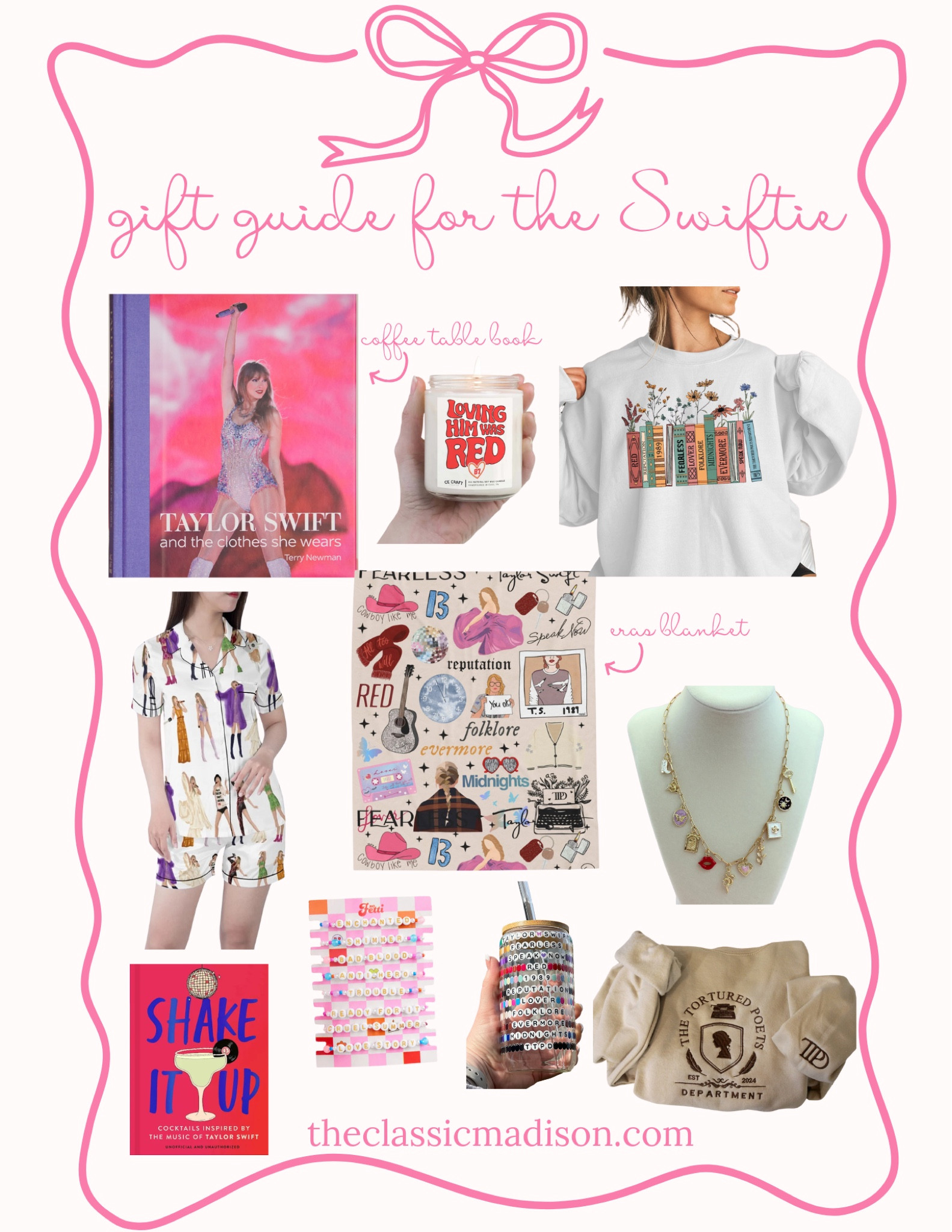 Looking for the perfect gift for the ultimate Taylor Swift fan? This Swiftie-approved collection has everything from a Taylor coffee table book to the cutest Era-themed blanket and Reputation-inspired necklace. Whether they love Taylor’s iconic fashion or want to cozy up with their favorite album, these gifts are perfect for celebrating all things Taylor Swift. Add some Taylor-inspired PJs and colorful beaded bracelets for a fun touch! These finds are sure to bring a smile to any Swiftie's face! 💖

#GiftGuideForSwifties #TaylorSwiftMerch #LTKHoliday #SwiftieGifts #TaylorSwiftEra #HolidayGiftGuide #LTKGiftGuide #GiftsForHer #SwiftieEssentials

#LTKSeasonal #LTKGiftGuide #LTKHoliday