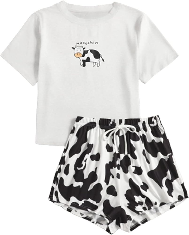 WDIRARA Women's Cartoon Cow Print Short Sleeve Tee and Shorts Pajama Set | Amazon (US)