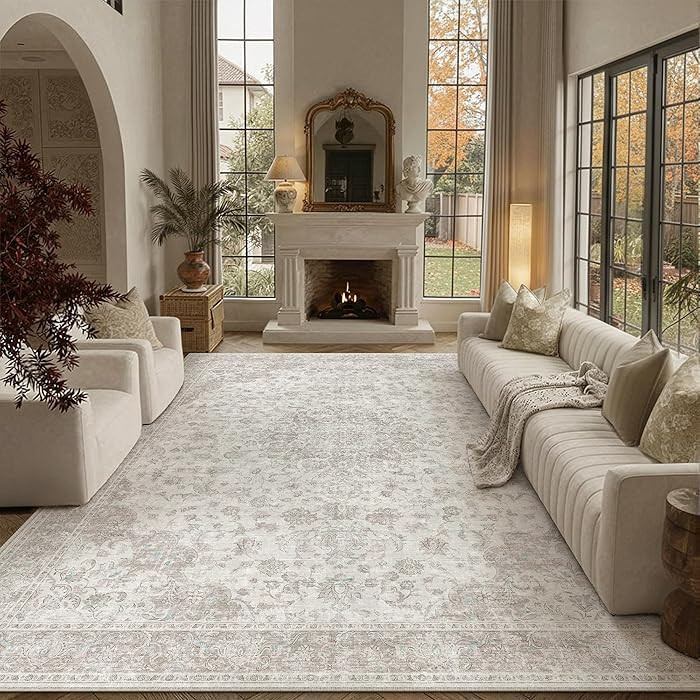 PureCozy 8x10 Area Rug Washable Neutral Beige Vintage Living Room Bedroom Carpet Non Slip Low Pil... | Amazon (US)