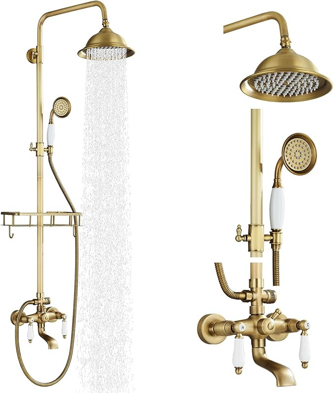 Antique Brass Shower System Outdoor Shower Fixtures with 8 Inch Rain Shower Head and Double Cross... | Amazon (US)