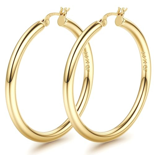 BESTEEL 14K Gold filled Chunky Hoop Earrings for Women 925 Sterling Silver Post Hollow Tube Hoops Earrings 4mm Thick Gold Hoop Earrings Hypoallergenic Lightweight Gold Large Hoop Earrings 25/30/40/50/60/70MM | Amazon (US)