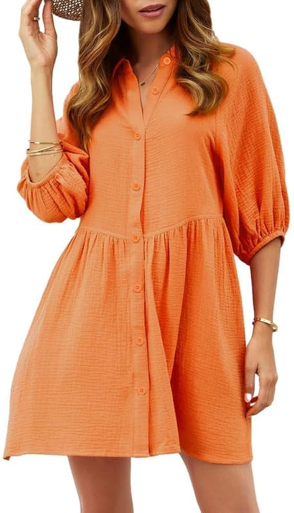 Dokotoo Women's Summer Dress V Neck 3/4 Puff Sleeve Button Down Cotton Shirts Dresses | Amazon (US)