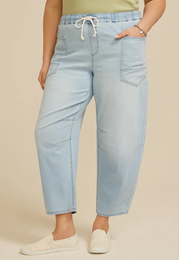 Plus Size Mid Rise Pull On Knit Barrel Jean | Maurices
