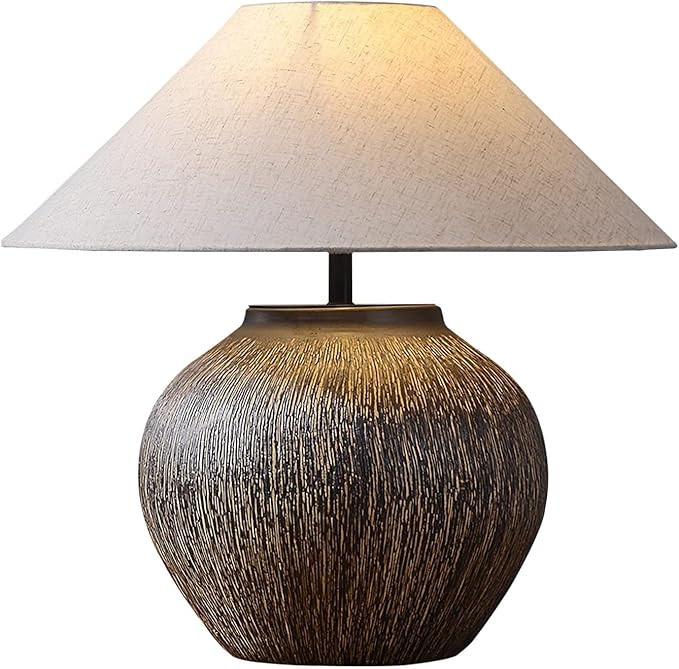 Rustic Farmhouse Table Lamp 20.8" Neutral Ceramic Table Lamp Brown White Checkered Ceramic with L... | Amazon (US)
