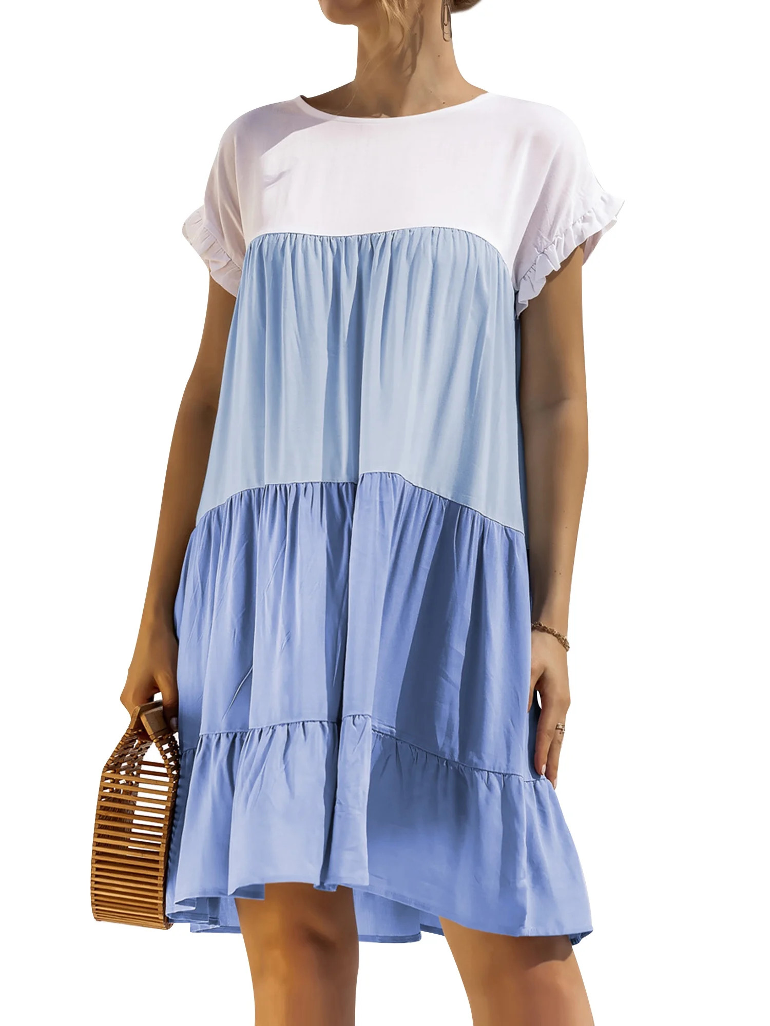 HUBERY Women Colorblock Ruffled Crew Neck Short Sleeve Mini Dress | Walmart (US)