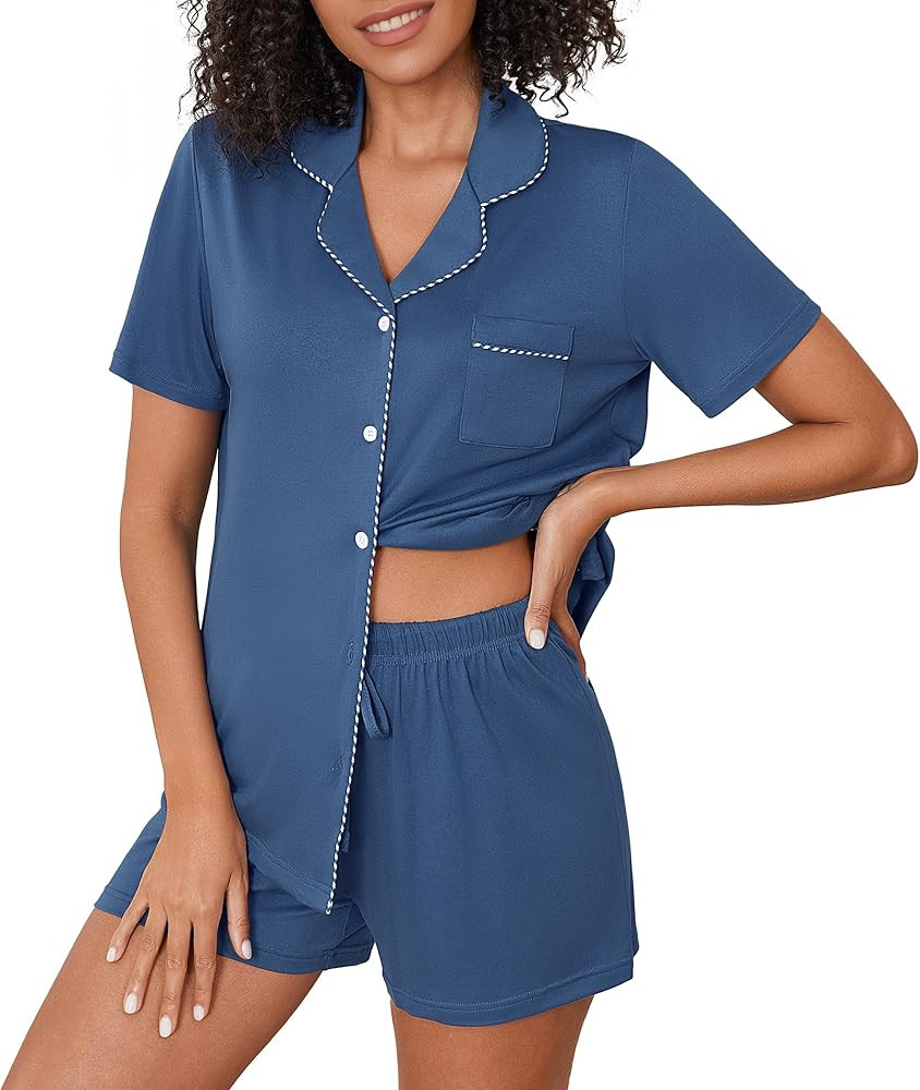 Ekouaer Pajama Set Women Classic Loose Short Sleeve Button Down Pjs Set Soft Sleepwear Loungewear... | Amazon (US)