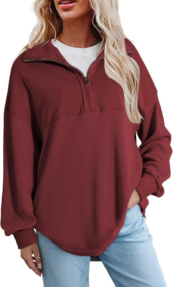 SHEWIN Womens Fall Sweatshirt Casual Waffle Knit Half Zip Pullover Loose Long Sleeve Tops | Amazon (US)