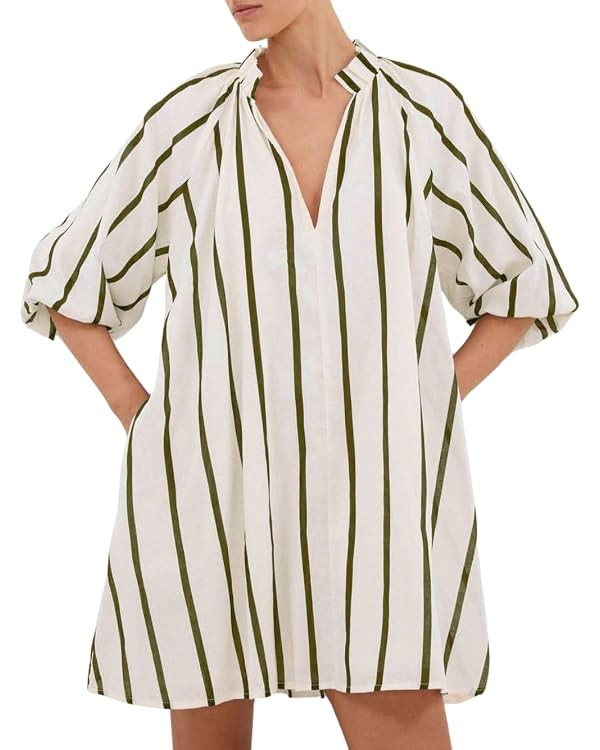 chouyatou Women's Summer Half Puff Sleeve Cotton Linen Dress Notch Neck Striped Midi Dress with P... | Amazon (US)