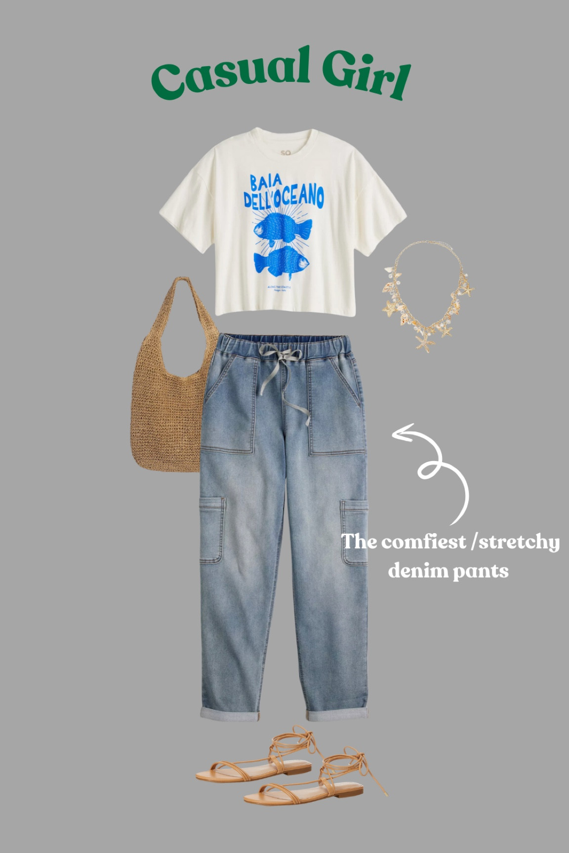 Casual summer style, stretchy jeans, flowy pants, linen pants, joggers, cargo, graphic tee, graphic T-shirt, beachy, vacation, beach, charm necklace 

#LTKVideo #LTKStyleTip