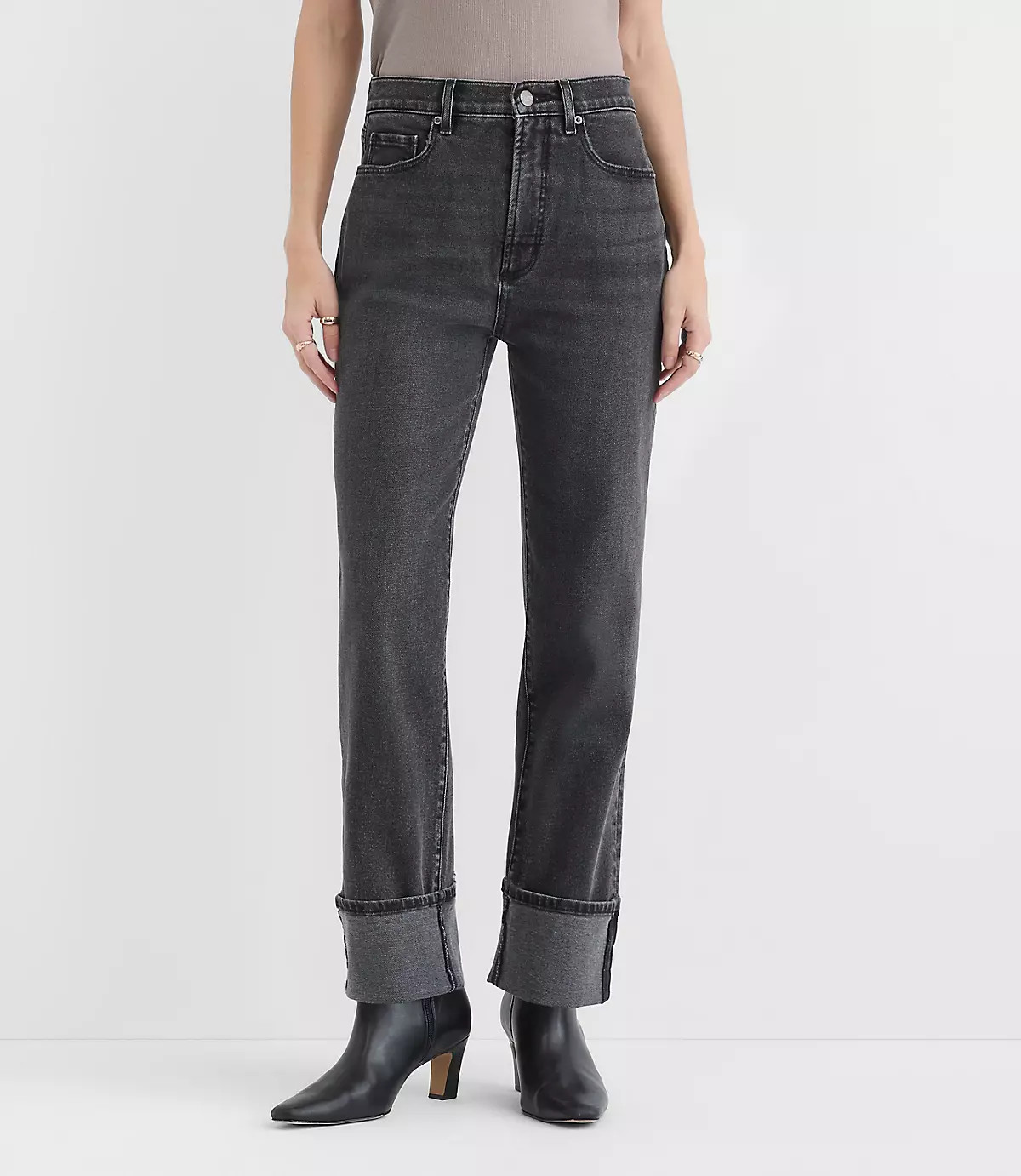 Rivete Tall Cuffed High Rise Straight Jeans in Noir Wash | LOFT