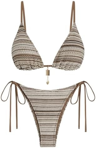 ZAFUL Crochet Bikini Sets for Women Cheeky Boho Bathing Suits Striped Brazilian High Cut Thong Bi... | Amazon (US)