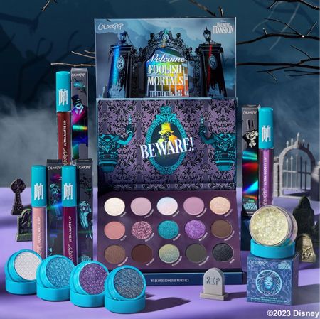 Colourpop Haunted Mansion makeup collection Halloween 2023 / not my photo / spooky cute Disney haunted mansion ride movie ghost grim grinning ghost eyeshadow palette cream shows lip products glitter 

#LTKbeauty #LTKHalloween
