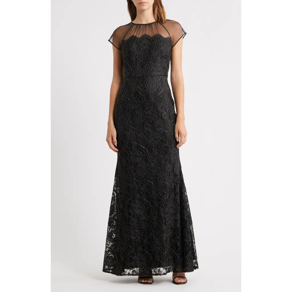 Eliza J Metallic Floral Embroidery Gown in Black Gold at Nordstrom Rack, Size 14 | Nordstrom Rack
