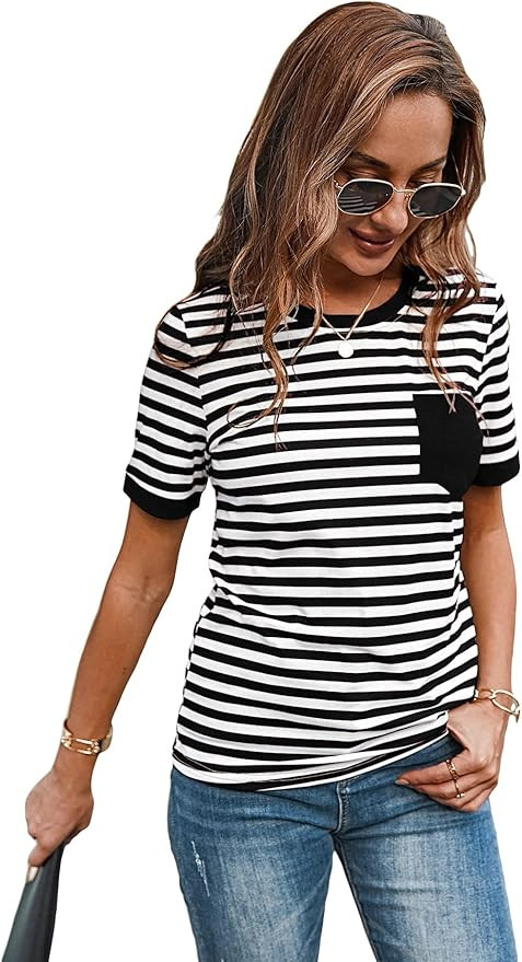 SweatyRocks Women's Casual Tee Round Neck Striped Short Sleeve T Shirts with Pocket | Amazon (US)