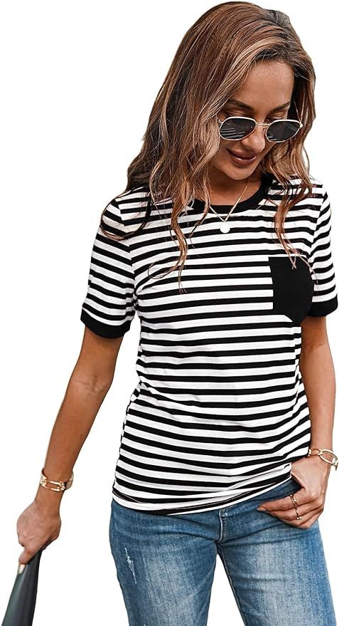 SweatyRocks Women's Casual Tee Round Neck Striped Short Sleeve T Shirts with Pocket | Amazon (US)