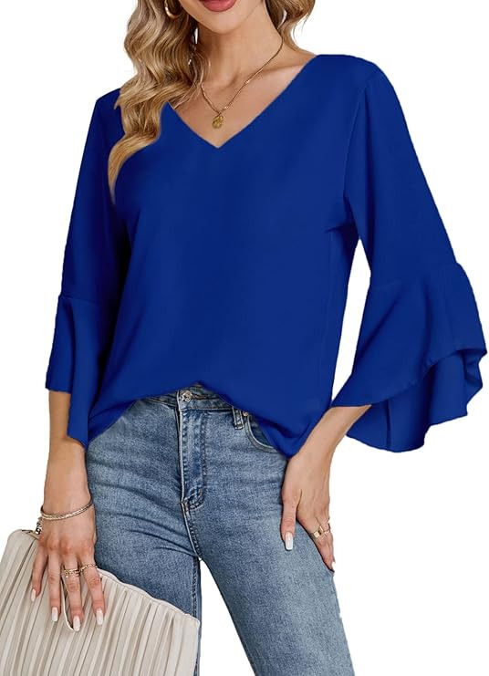 LYANER Women's Casual V Neck Ruffle Bell Half Sleeve Blouse Shirt Tunic Top | Amazon (US)