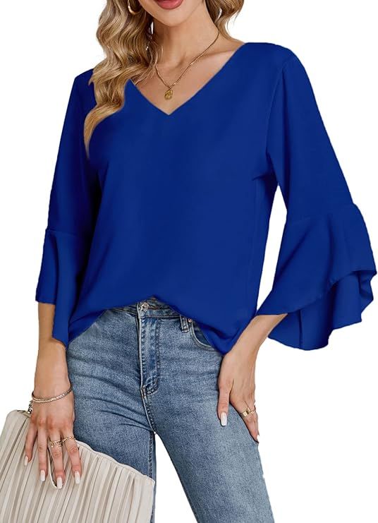 LYANER Women's Casual V Neck Ruffle Bell Half Sleeve Blouse Shirt Tunic Top | Amazon (US)
