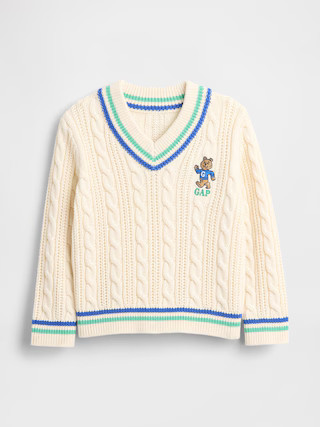 Baby & Toddler Bear Logo Varsity V-Neck Cable Knit Sweater | Gap (US)