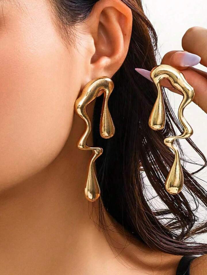 1pair European Style Liquid Metal Asymmetrical Water Drop Geometric Earrings, Simple Design For D... | SHEIN
