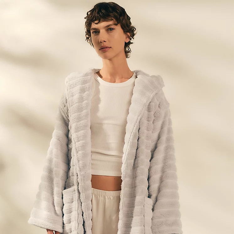 The White Company Unisex Organic Cotton Hooded Ribbed Hydrocotton Robe, Pearl Grey, Size: M | The White Company UK & ROW