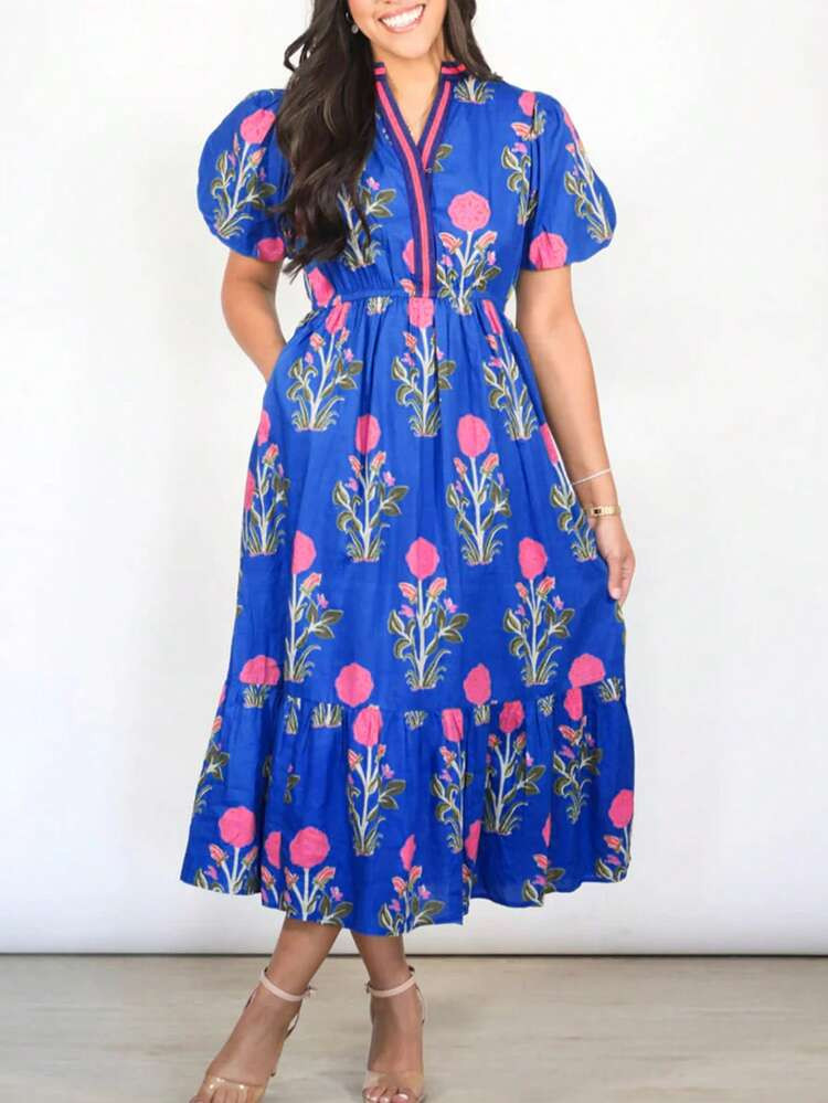 Acelitt Sky Blue Ditsy Floral Petal Sleeve V-Neck High Waist Maxi Dress Elegant Summer | SHEIN